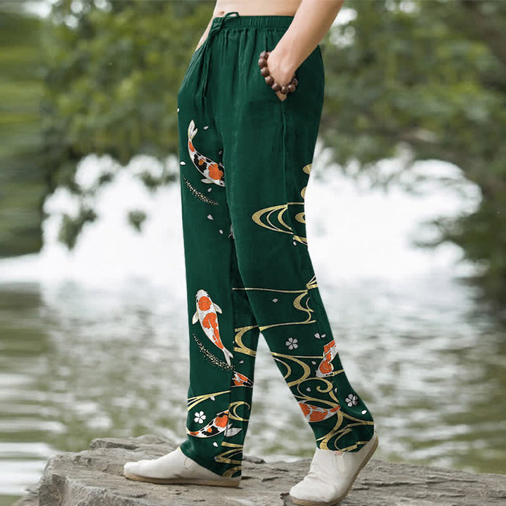 Buddha Stones Pantalones de hombre de algodón con estampado de peces koi y corte ajustado, con bolsillos. - image 5