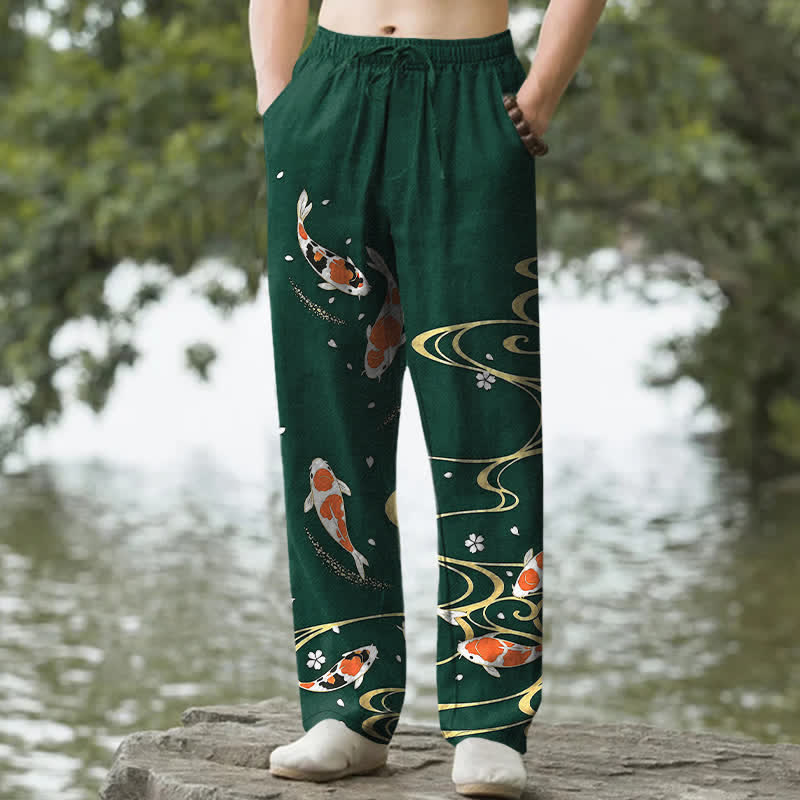Buddha Stones Pantalones de hombre de algodón con estampado de peces koi y corte ajustado, con bolsillos. - Verde bosque - US/UK/AU50, EU60 (5XL) - image 4