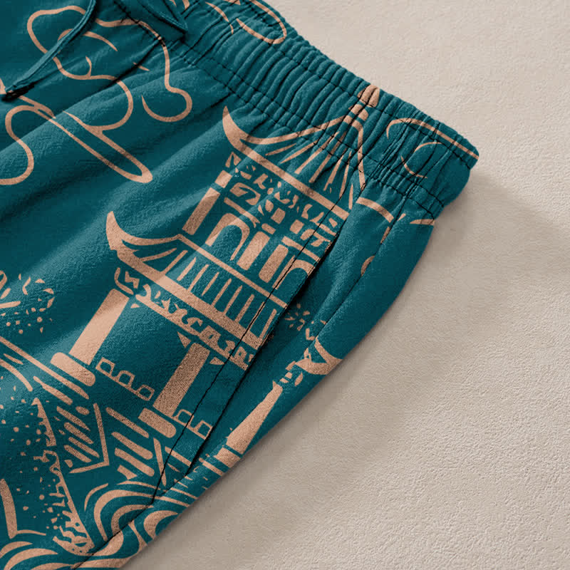 Buddha Stones Pantalones de hombre de algodón con estampado de paisaje oriental, corte cónico y bolsillos. - image 3