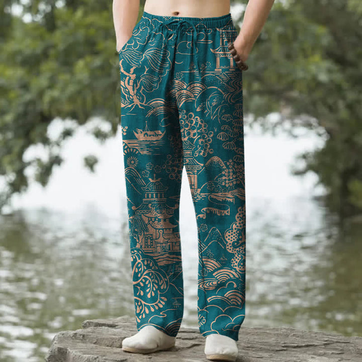 Buddha Stones Pantalones de hombre de algodón con estampado de paisaje oriental, corte cónico y bolsillos. - Verde azulado - US/UK/AU50, EU60 (5XL) - image 0