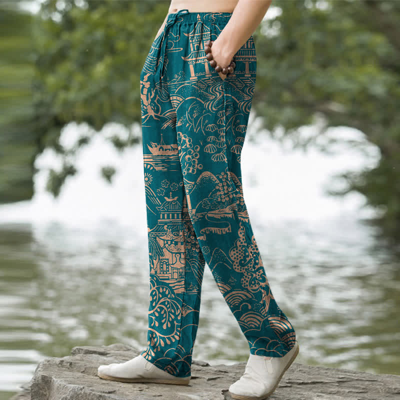 Buddha Stones Pantalones de hombre de algodón con estampado de paisaje oriental, corte cónico y bolsillos. - image 1