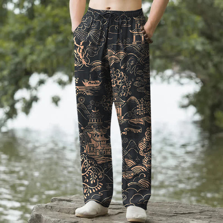 Buddha Stones Pantalones de hombre de algodón con estampado de paisaje oriental, corte cónico y bolsillos. - Negro - US/UK/AU50, EU60 (5XL) - image 4