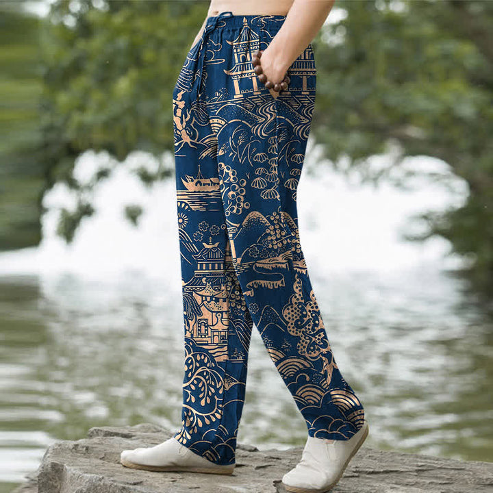 Buddha Stones Pantalones de hombre de algodón con estampado de paisaje oriental, corte cónico y bolsillos. - image 9