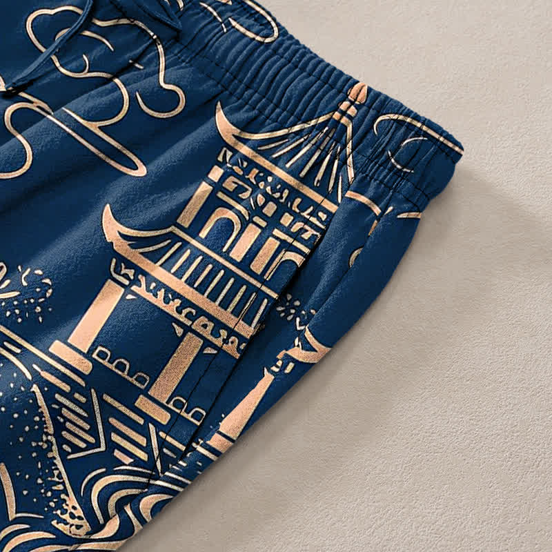 Buddha Stones Pantalones de hombre de algodón con estampado de paisaje oriental, corte cónico y bolsillos. - image 11