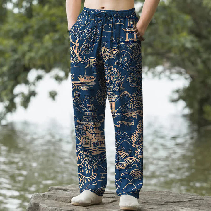 Buddha Stones Pantalones de hombre de algodón con estampado de paisaje oriental, corte cónico y bolsillos. - Marina de guerra - US/UK/AU50, EU60 (5XL) - image 8