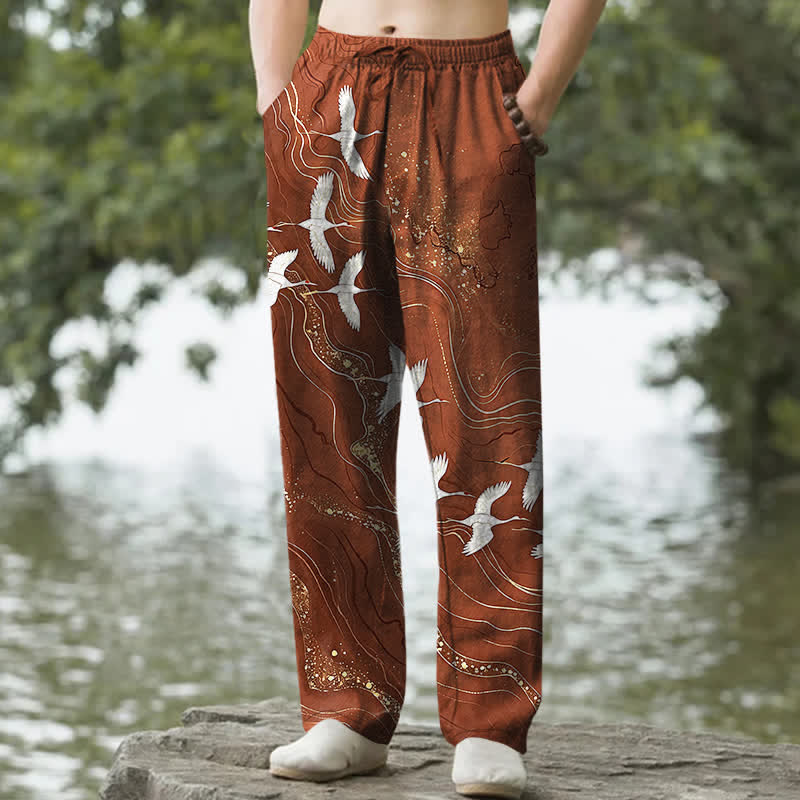 Buddha Stones Pantalones de hombre de algodón blanco con estampado de grullas y olas, corte cónico y bolsillos. - Tierra de siena - US/UK/AU50, EU60 (5XL) - image 8
