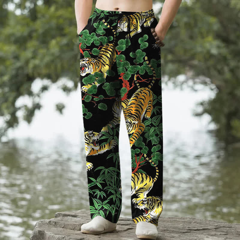 Buddha Stones Pantalones de algodón para hombre con estampado de tigre y corte ajustado, con bolsillos. - Negro - US/UK/AU50, EU60 (5XL) - image 0