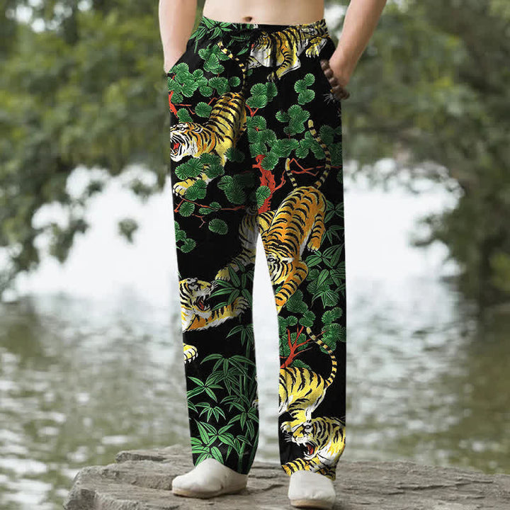 Buddha Stones Pantalones de algodón para hombre con estampado de tigre y corte ajustado, con bolsillos. - Negro - US/UK/AU50, EU60 (5XL) - image 0
