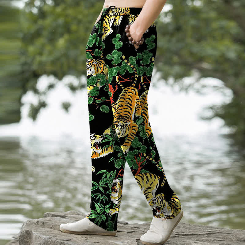 Buddha Stones Pantalones de algodón para hombre con estampado de tigre y corte ajustado, con bolsillos. - image 1