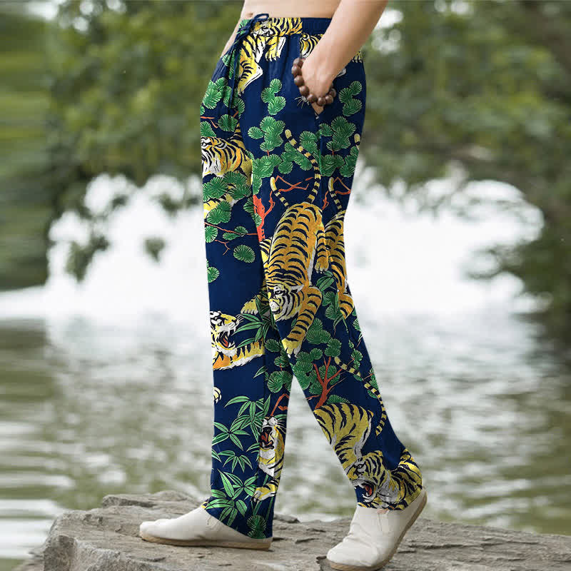 Buddha Stones Pantalones de algodón para hombre con estampado de tigre y corte ajustado, con bolsillos. - image 5