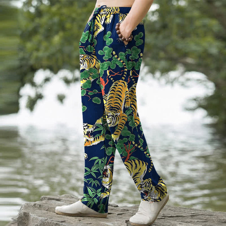 Buddha Stones Pantalones de algodón para hombre con estampado de tigre y corte ajustado, con bolsillos. - image 5