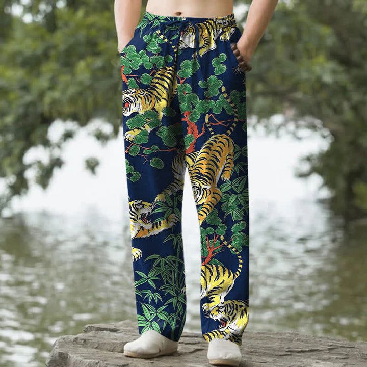Buddha Stones Pantalones de algodón para hombre con estampado de tigre y corte ajustado, con bolsillos. - Marina de guerra - US/UK/AU50, EU60 (5XL) - image 4