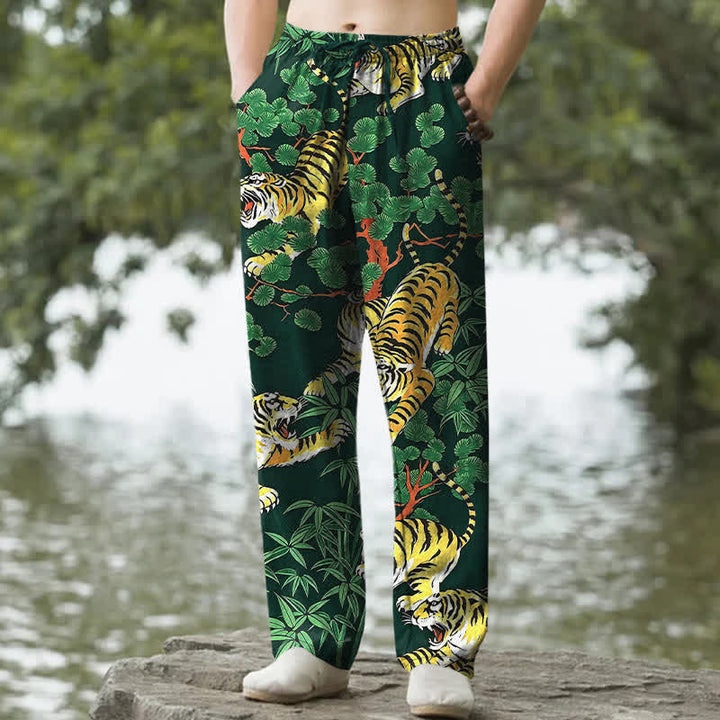 Buddha Stones Pantalones de algodón para hombre con estampado de tigre y corte ajustado, con bolsillos. - Verde oscuro - US/UK/AU50, EU60 (5XL) - image 8