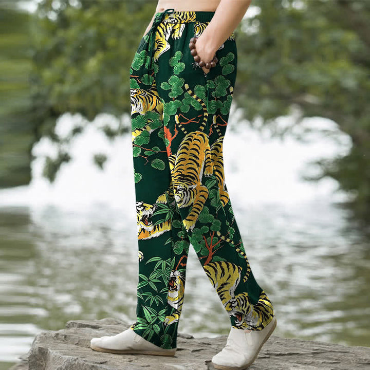Buddha Stones Pantalones de algodón para hombre con estampado de tigre y corte ajustado, con bolsillos. - image 9