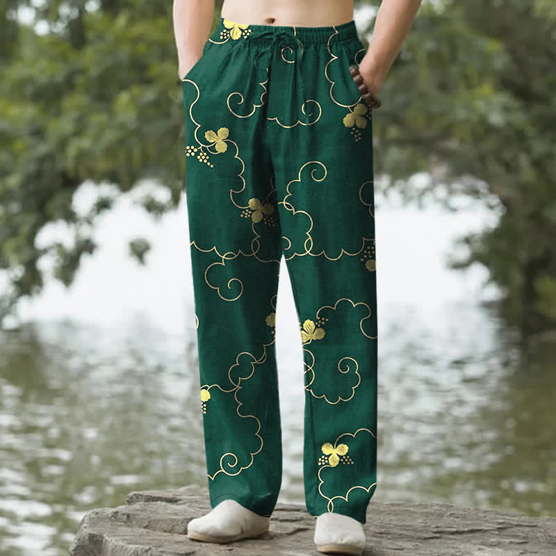 Buddha Stones Pantalones de hombre de algodón con estampado floral dorado y nubes, corte ajustado y bolsillos. - Verde bosque - US/UK/AU50, EU60 (5XL) - image 0