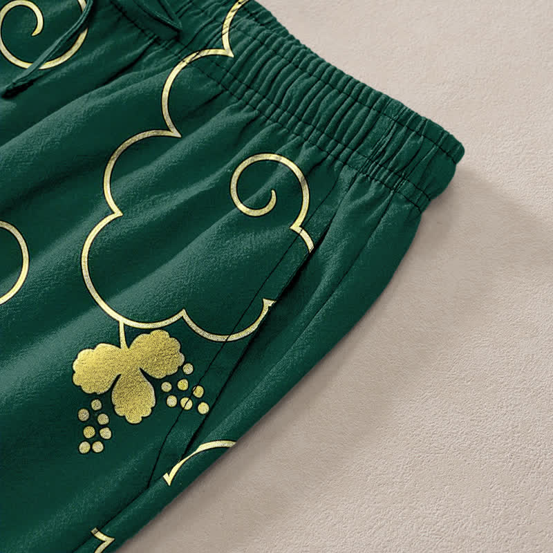 Buddha Stones Pantalones de hombre de algodón con estampado floral dorado y nubes, corte ajustado y bolsillos. - image 3
