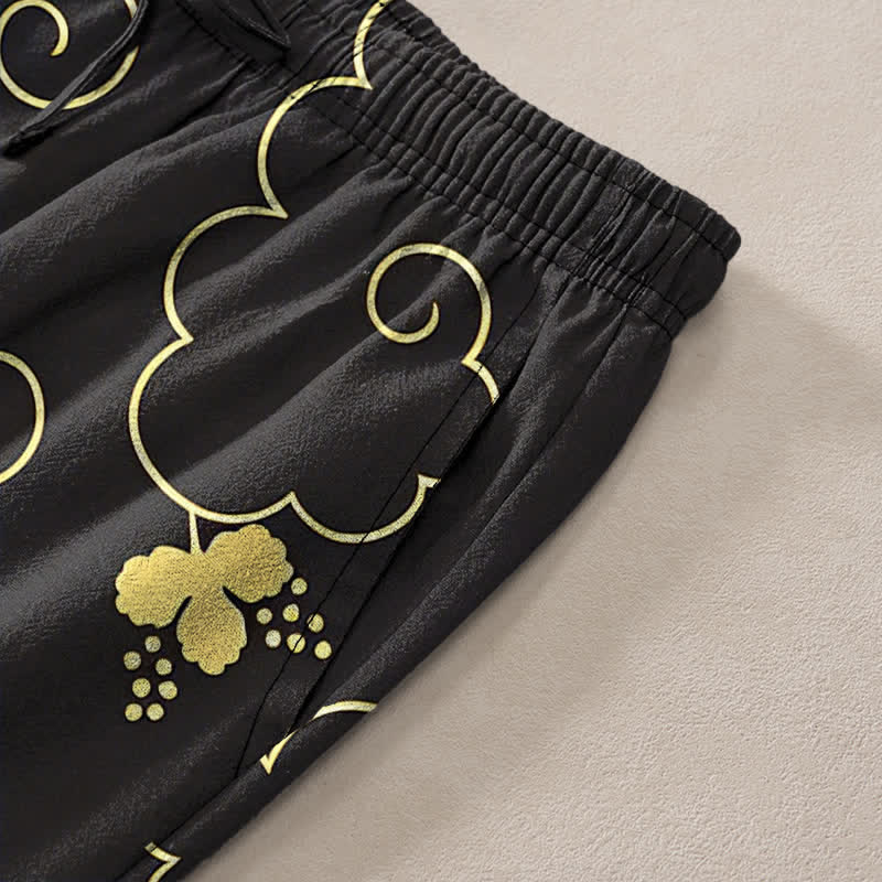 Buddha Stones Pantalones de hombre de algodón con estampado floral dorado y nubes, corte ajustado y bolsillos. - image 7