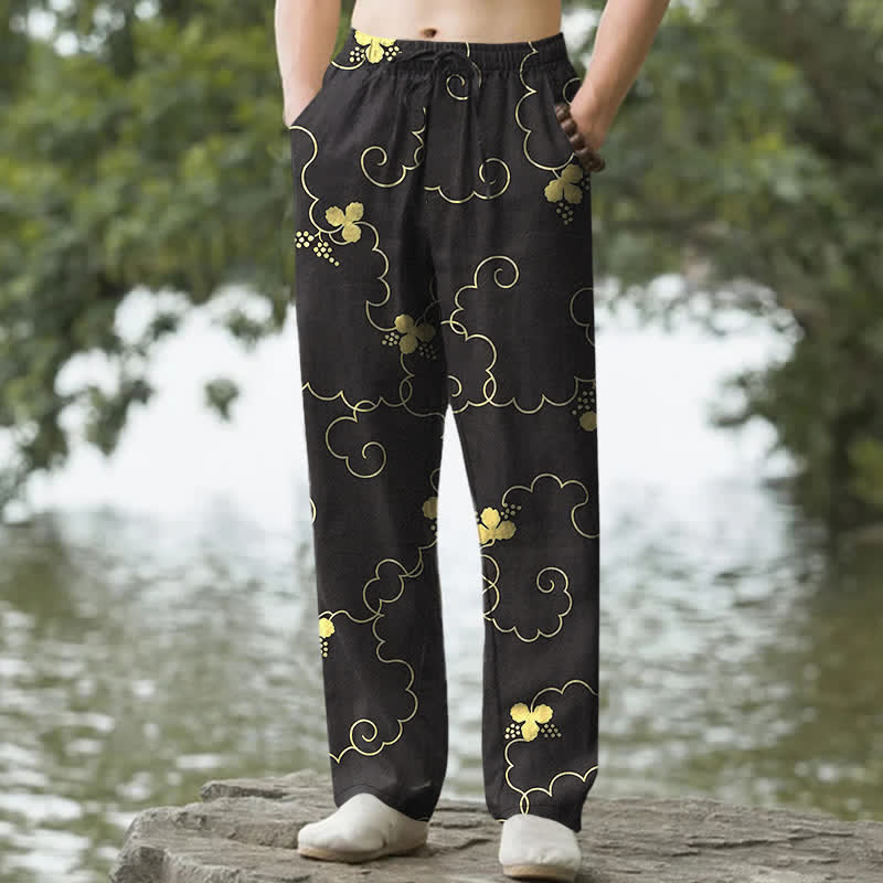 Buddha Stones Pantalones de hombre de algodón con estampado floral dorado y nubes, corte ajustado y bolsillos. - Negro - US/UK/AU50, EU60 (5XL) - image 4