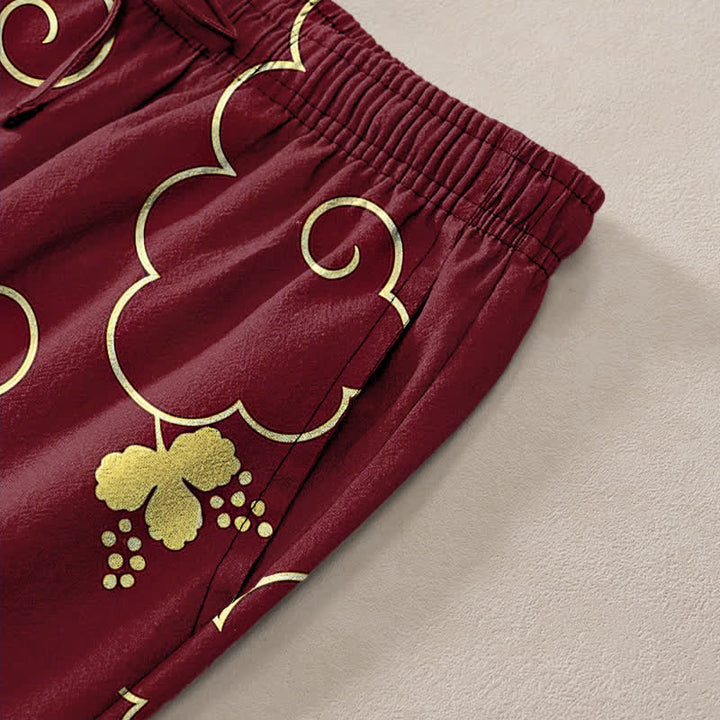 Buddha Stones Pantalones de hombre de algodón con estampado floral dorado y nubes, corte ajustado y bolsillos. - image 11