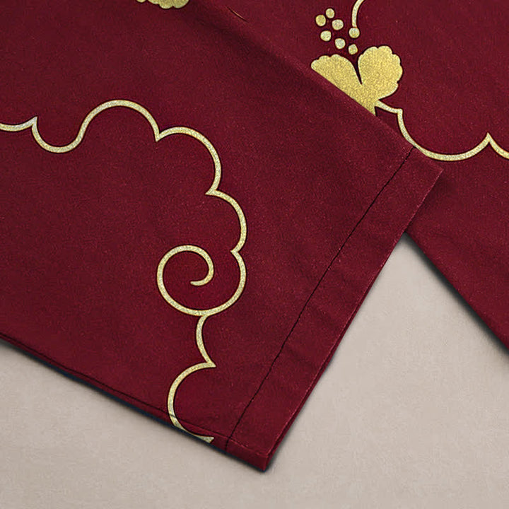 Buddha Stones Pantalones de hombre de algodón con estampado floral dorado y nubes, corte ajustado y bolsillos. - image 10