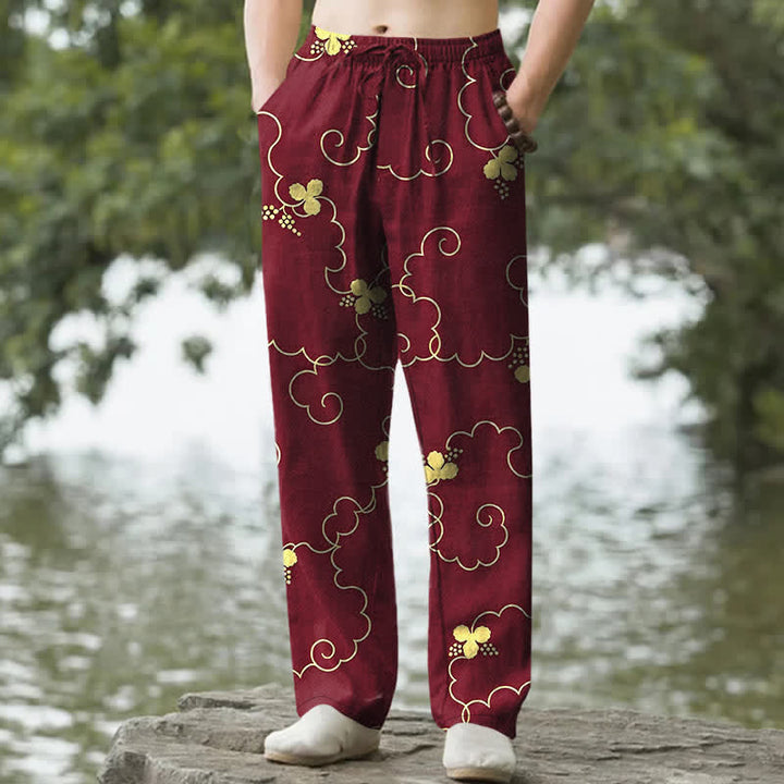 Buddha Stones Pantalones de hombre de algodón con estampado floral dorado y nubes, corte ajustado y bolsillos. - Granate - US/UK/AU50, EU60 (5XL) - image 8