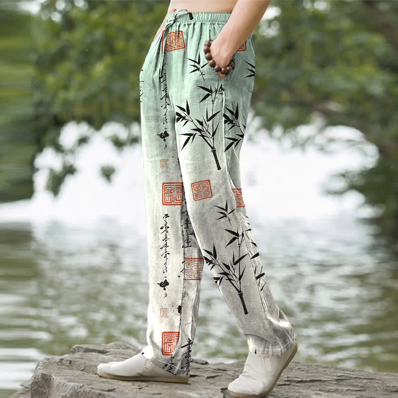 Buddha Stones Pantalones de hombre de algodón con estampado de bambú y corte ajustado, con bolsillos. - image 1