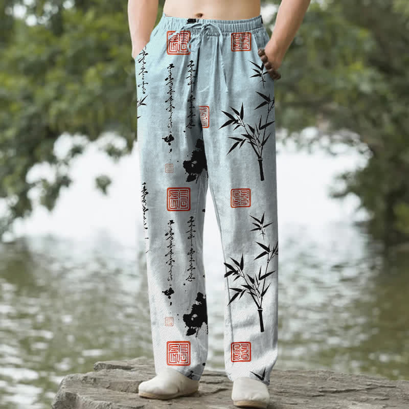 Buddha Stones Pantalones de hombre de algodón con estampado de bambú y corte ajustado, con bolsillos. - Turquesa pálido - US/UK/AU50, EU60 (5XL) - image 4