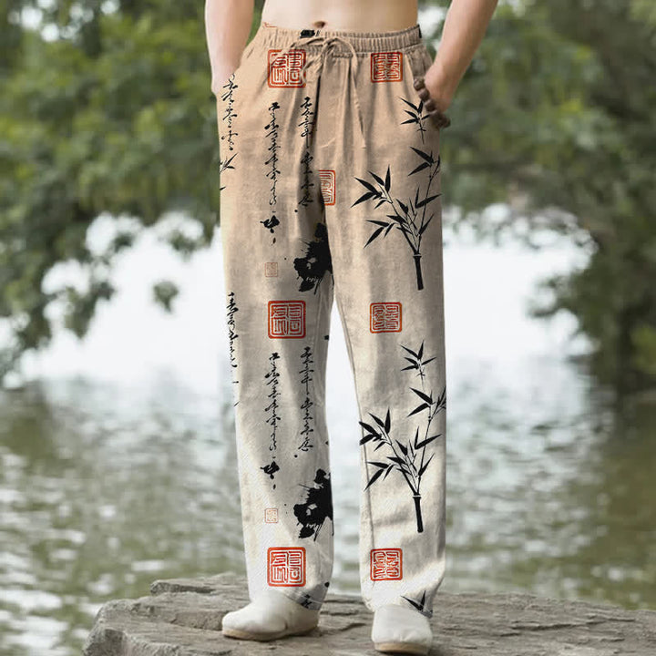 Buddha Stones Pantalones de hombre de algodón con estampado de bambú y corte ajustado, con bolsillos. - BurlyWood - US/UK/AU50, EU60 (5XL) - image 8