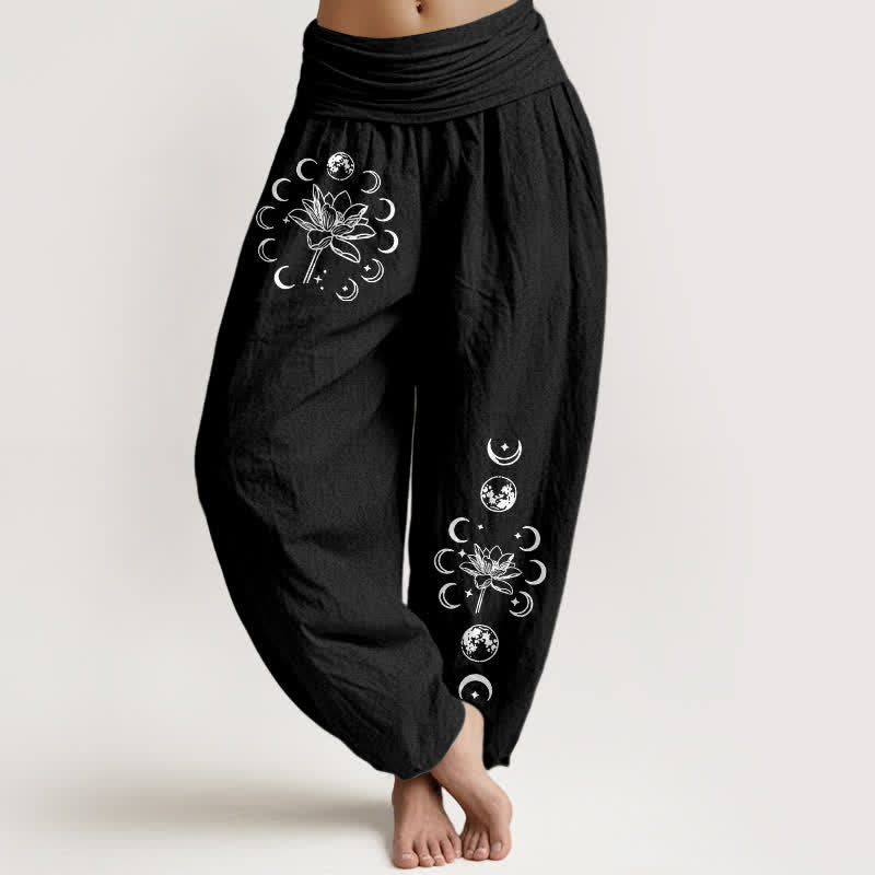 Buddha Stones Pantalones harem de mujer con cintura elástica y estampado de fases lunares de loto, de algodón puro. - Negro - US16，UK/AU20，EU48 (3XL) - image 0