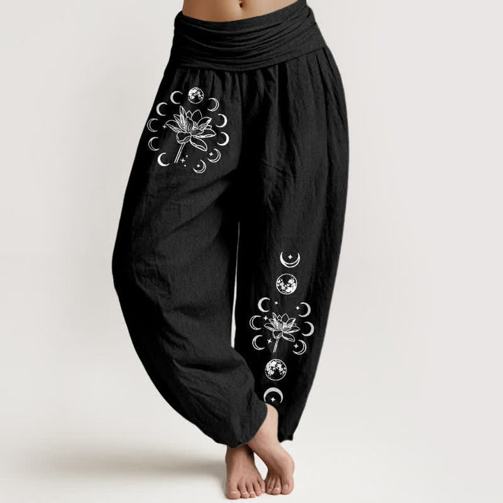 Buddha Stones Pantalones harem de mujer con cintura elástica y estampado de fases lunares de loto, de algodón puro. - Negro - US16，UK/AU20，EU48 (3XL) - image 0