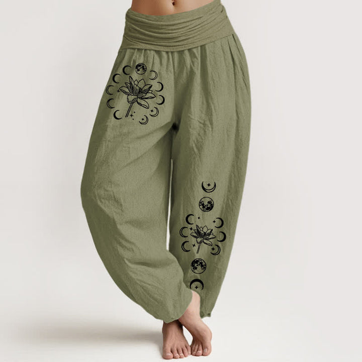 Buddha Stones Pantalones harem de mujer con cintura elástica y estampado de fases lunares de loto, de algodón puro. - Verde oliva - US16，UK/AU20，EU48 (3XL) - image 14