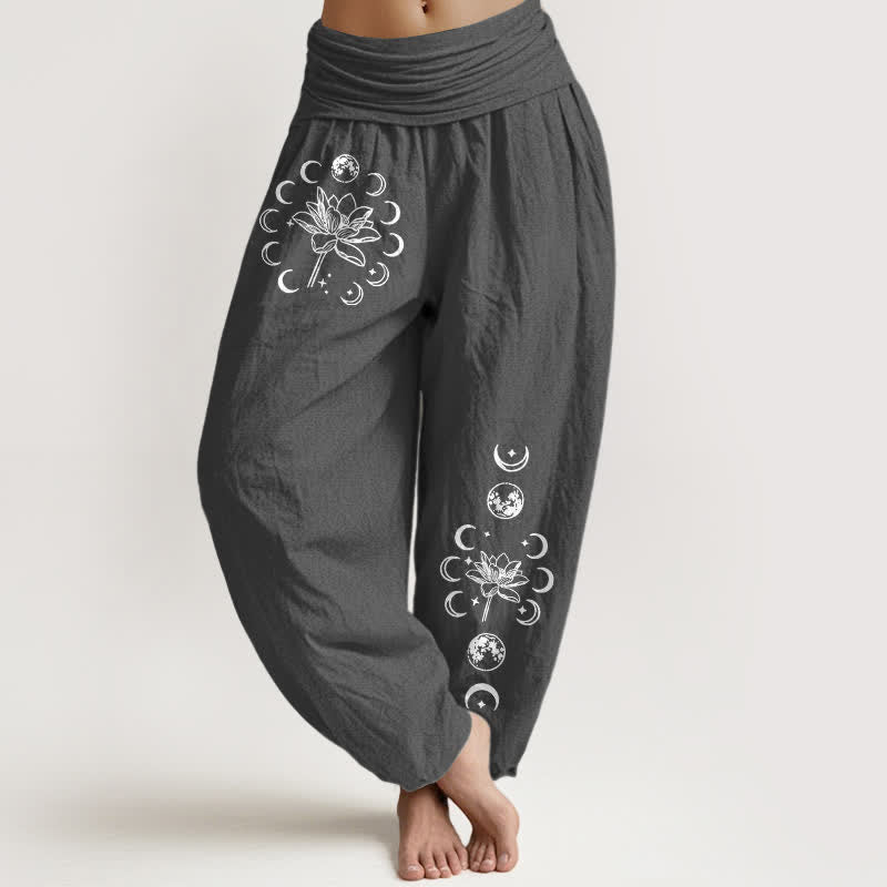 Buddha Stones Pantalones harem de mujer con cintura elástica y estampado de fases lunares de loto, de algodón puro. - Gris oscuro - US16，UK/AU20，EU48 (3XL) - image 8