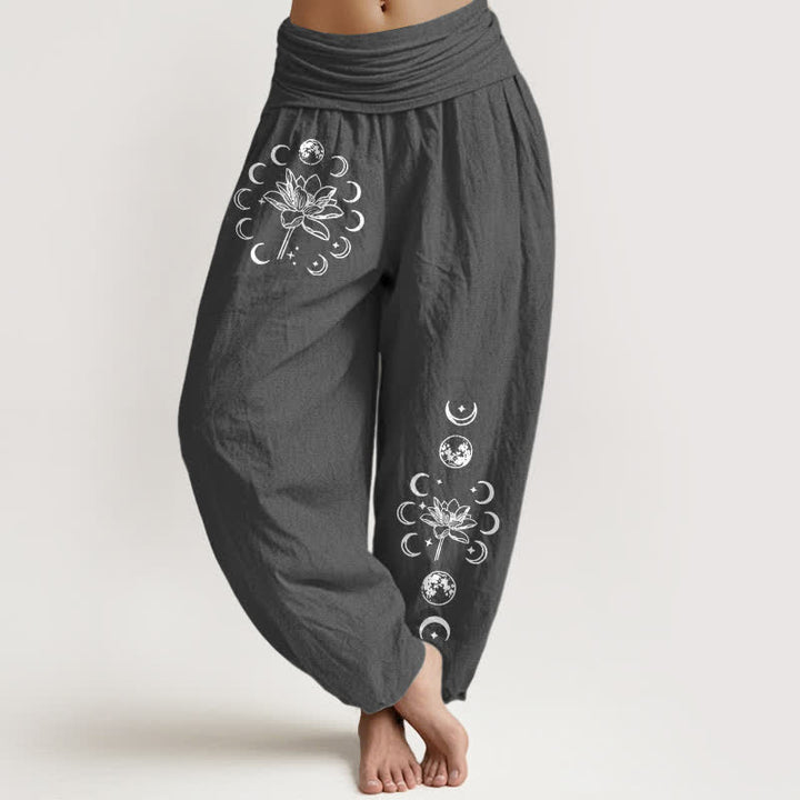 Buddha Stones Pantalones harem de mujer con cintura elástica y estampado de fases lunares de loto, de algodón puro. - Gris oscuro - US16，UK/AU20，EU48 (3XL) - image 8