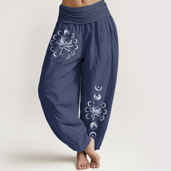 Buddha Stones Pantalones harem de mujer con cintura elástica y estampado de fases lunares de loto, de algodón puro. - Azul pizarra oscuro - US16，UK/AU20，EU48 (3XL) - image 5