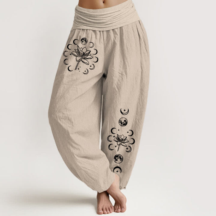 Buddha Stones Pantalones harem de mujer con cintura elástica y estampado de fases lunares de loto, de algodón puro. - Lino - US16，UK/AU20，EU48 (3XL) - image 11