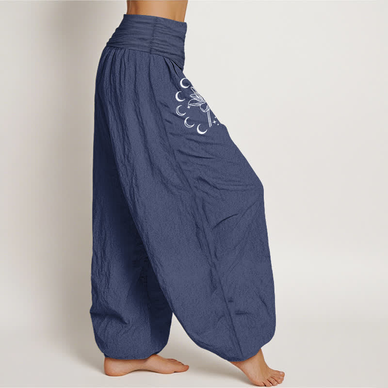 Buddha Stones Pantalones harem de mujer con cintura elástica y estampado de fases lunares de loto, de algodón puro. - image 6