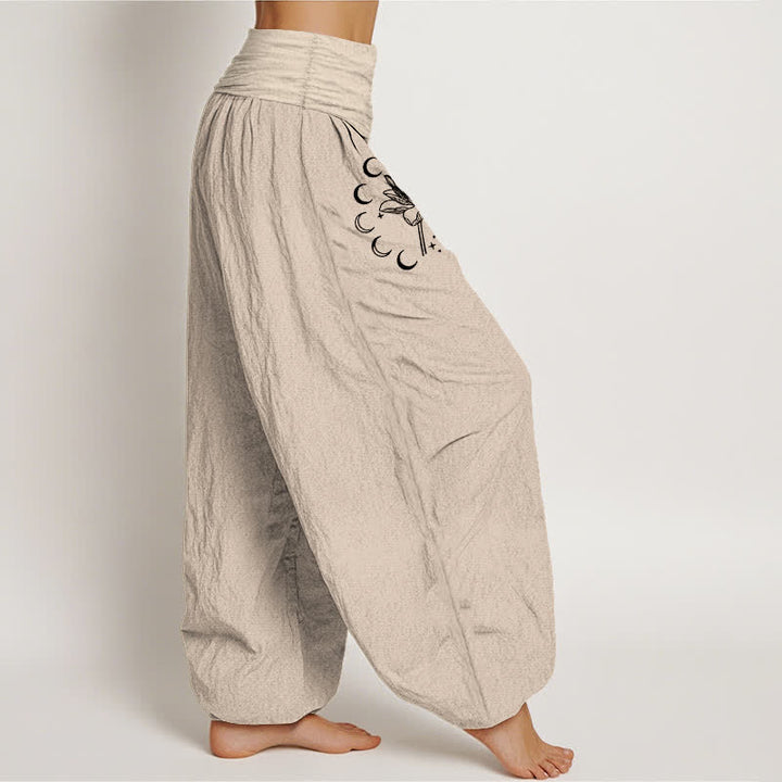 Buddha Stones Pantalones harem de mujer con cintura elástica y estampado de fases lunares de loto, de algodón puro. - image 12