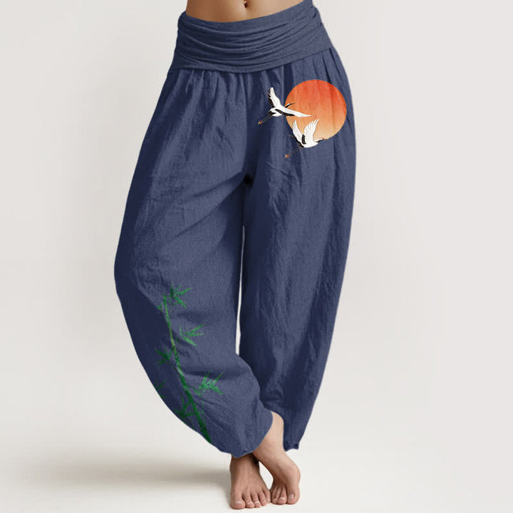 Buddha Stones Pantalones harem de algodón puro con estampado de grulla solar y bambú para mujer, con cintura elástica. - Azul pizarra oscuro - US16，UK/AU20，EU48 (3XL) - image 8