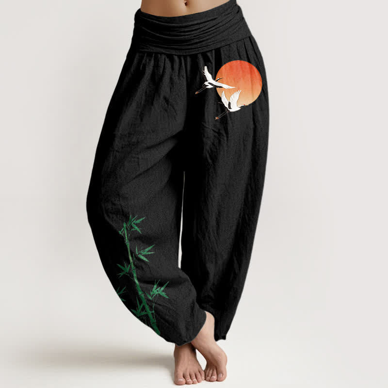 Buddha Stones Pantalones harem de algodón puro con estampado de grulla solar y bambú para mujer, con cintura elástica. - Negro - US16，UK/AU20，EU48 (3XL) - image 5