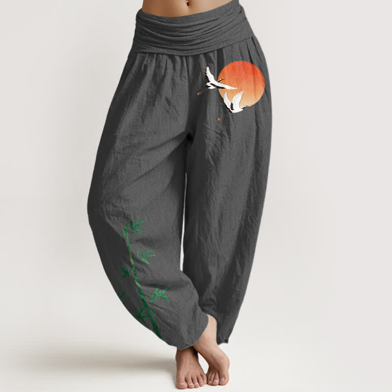 Buddha Stones Pantalones harem de algodón puro con estampado de grulla solar y bambú para mujer, con cintura elástica. - Gris oscuro - US16，UK/AU20，EU48 (3XL) - image 11