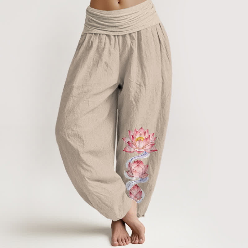Buddha Stones Pantalones harem de mujer de algodón puro con estampado de loto rosa y cintura elástica. - Lino - US16，UK/AU20，EU48 (3XL) - image 11