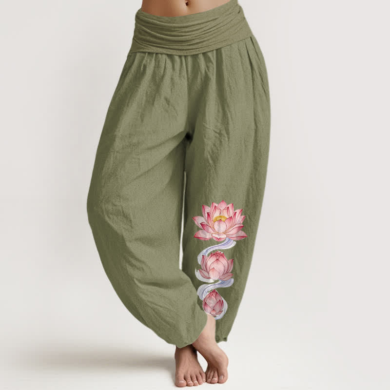Buddha Stones Pantalones harem de mujer de algodón puro con estampado de loto rosa y cintura elástica. - Verde oliva - US16，UK/AU20，EU48 (3XL) - image 14