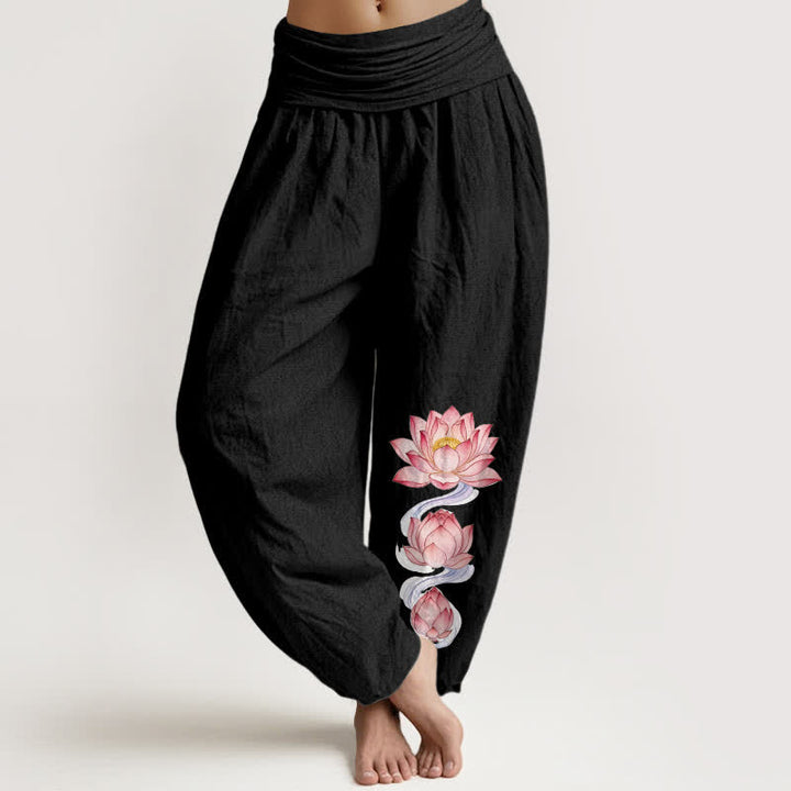 Buddha Stones Pantalones harem de mujer de algodón puro con estampado de loto rosa y cintura elástica. - Negro - US16，UK/AU20，EU48 (3XL) - image 0