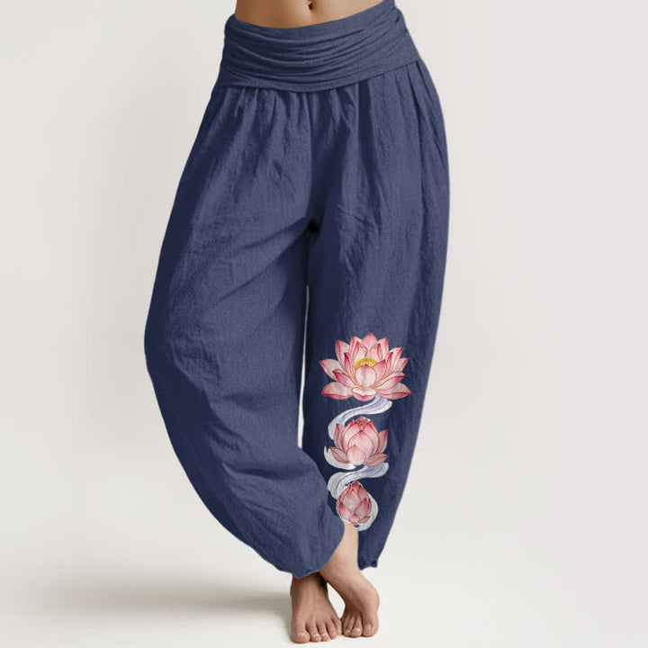 Buddha Stones Pantalones harem de mujer de algodón puro con estampado de loto rosa y cintura elástica. - Azul pizarra oscuro - US16，UK/AU20，EU48 (3XL) - image 5