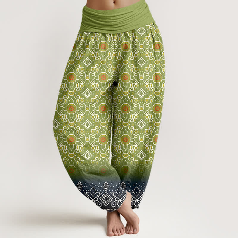 Buddha Stones Pantalones harem de algodón con estampado floral geométrico bohemio para mujer, cintura elástica. - Verde amarillento - US16，UK/AU20，EU48 (3XL) - image 0