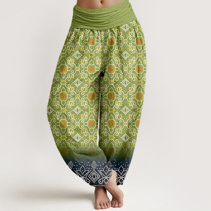 Buddha Stones Pantalones harem de algodón con estampado floral geométrico bohemio para mujer, cintura elástica. - Verde amarillento - US16，UK/AU20，EU48 (3XL) - image 0