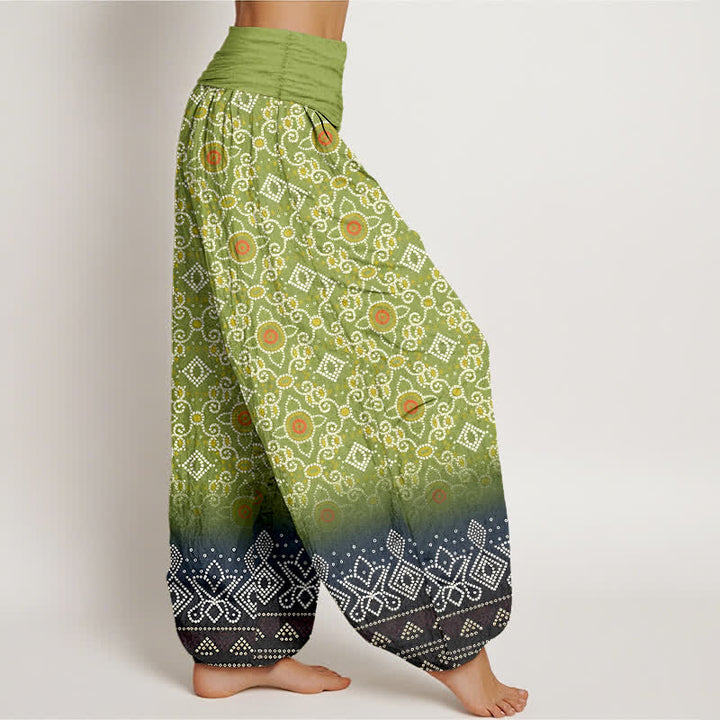 Buddha Stones Pantalones harem de algodón con estampado floral geométrico bohemio para mujer, cintura elástica. - image 2