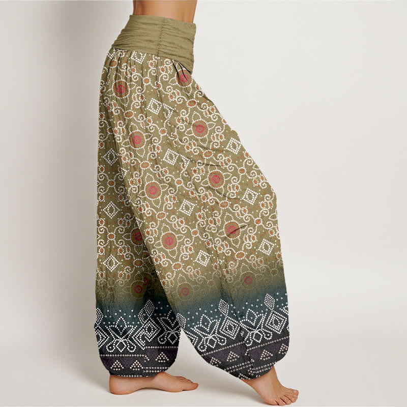 Buddha Stones Pantalones harem de algodón con estampado floral geométrico bohemio para mujer, cintura elástica. - image 7