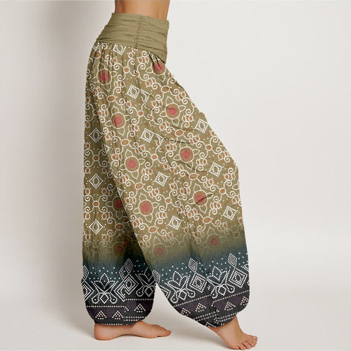 Buddha Stones Pantalones harem de algodón con estampado floral geométrico bohemio para mujer, cintura elástica. - image 7