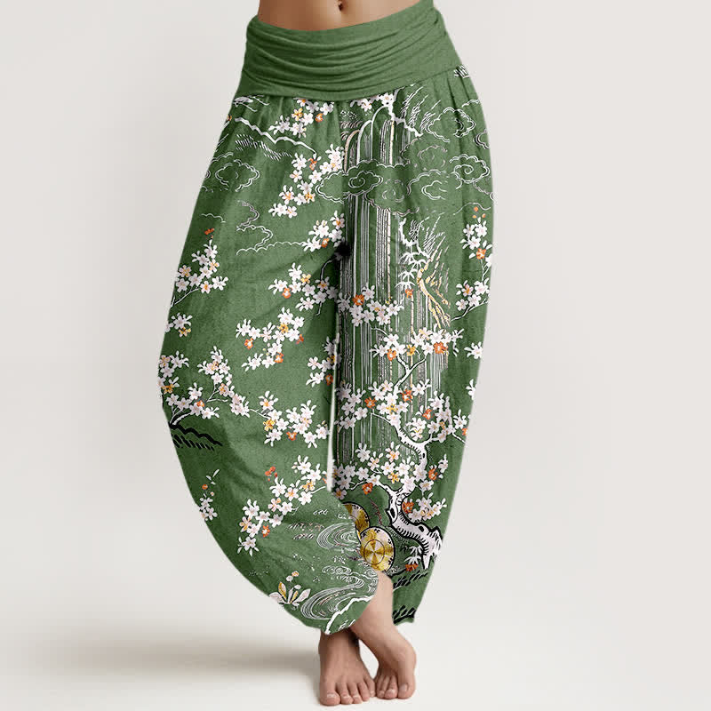Buddha Stones Pantalones harem de mujer con cintura elástica, de algodón puro blanco, con estampado floral de enredaderas y nubes auspiciosas. - Verde oliva - US16，UK/AU20，EU48 (3XL) - image 0